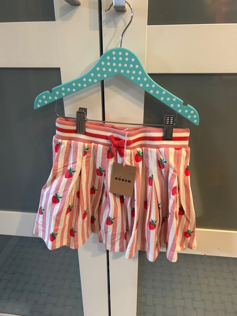 Mini Boden Pink and White Striped Skort with Red Cherry Motif